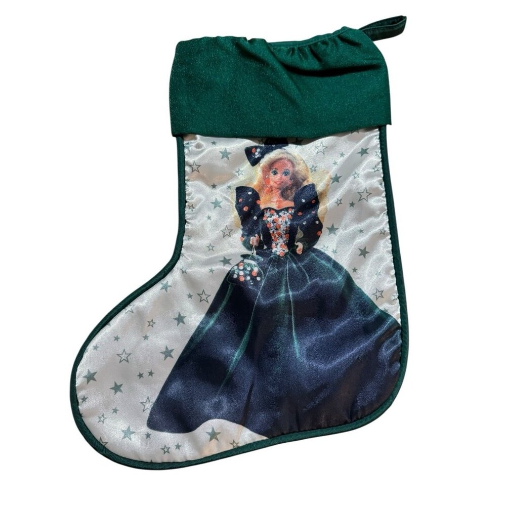1995 Hallmark Barbie Holiday Forest Green Satin Holiday‎ Christmas Stocking VTG